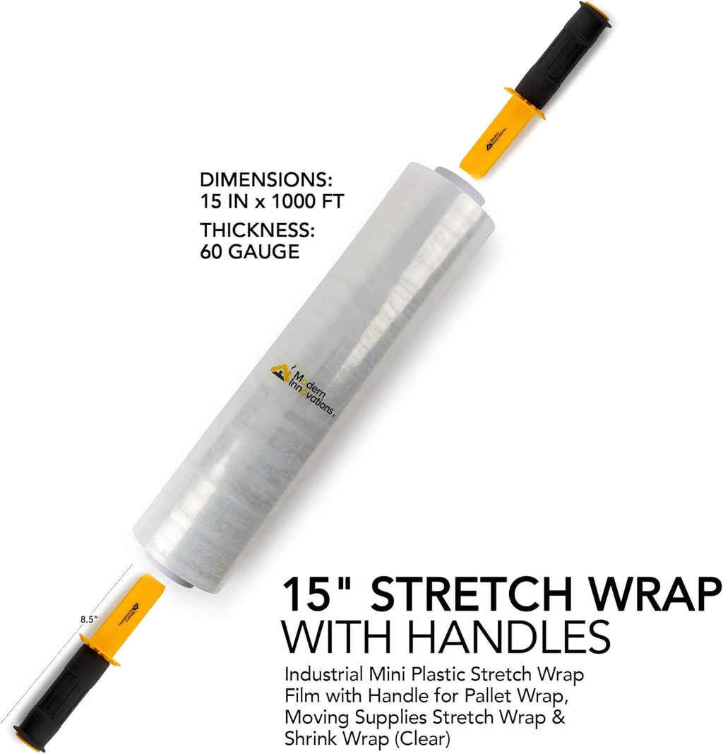 Modern Innovations 15-Inch Heavy-Duty Clear Stretch Wrap Roll - 1000 Feet with Handles for Moving & Packing