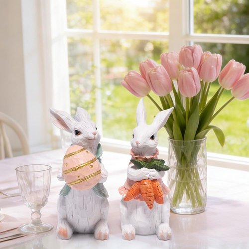 Hodao Easter Bunny Decorations - Spring Home Decor Bunny Figurines | 2-Piece White Rabbit Set