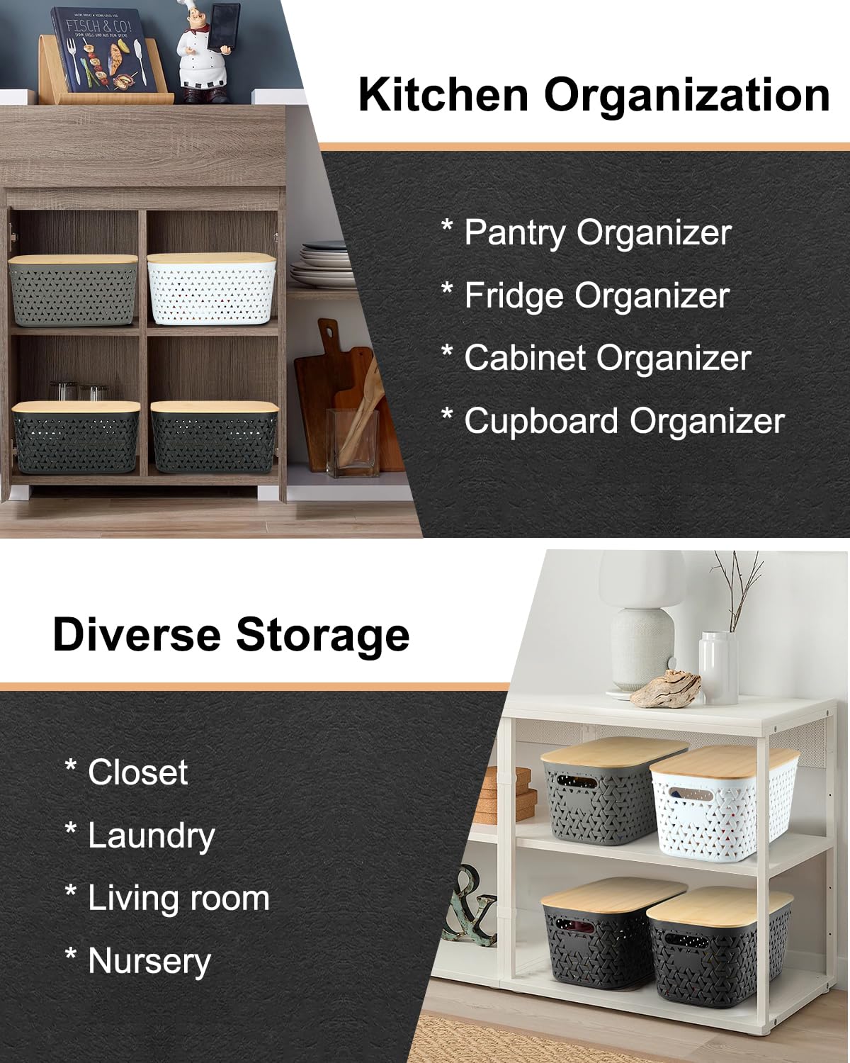 NEATJELAI Plastic Storage Bins with Bamboo Lids 6 Packs,Storage Baskets Pantry Decorative Containers for Organizing Desktop Closet Playroom Classroom Office,Gray,11.6*7.2*5.7'’