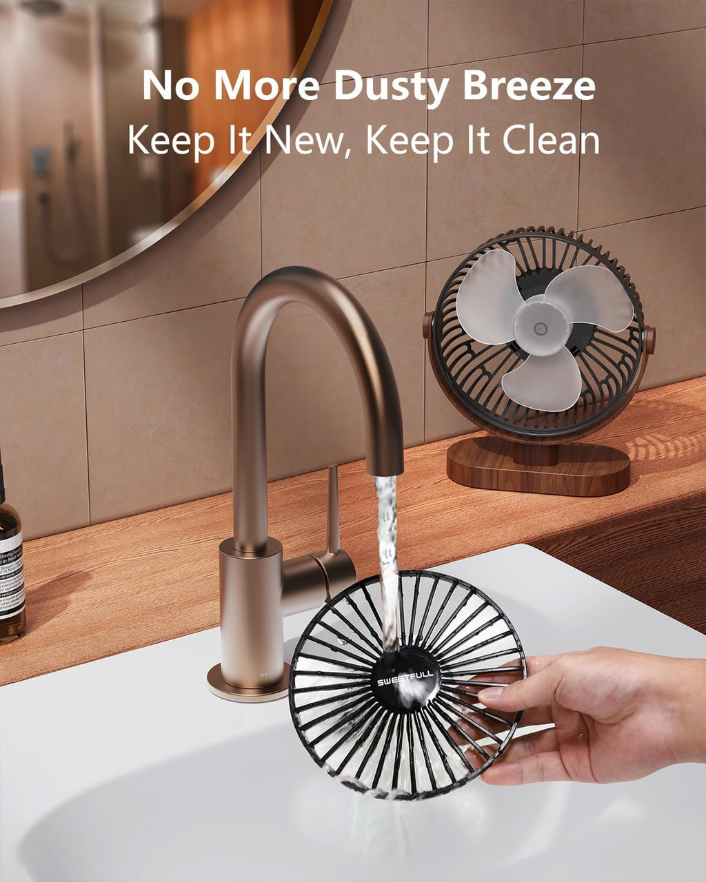 Sweetfull 6.5 Inch USB Desk Fan - Quiet Portable Mini Fan with 3 Speeds & 360° Adjustment | Black Wood Grain