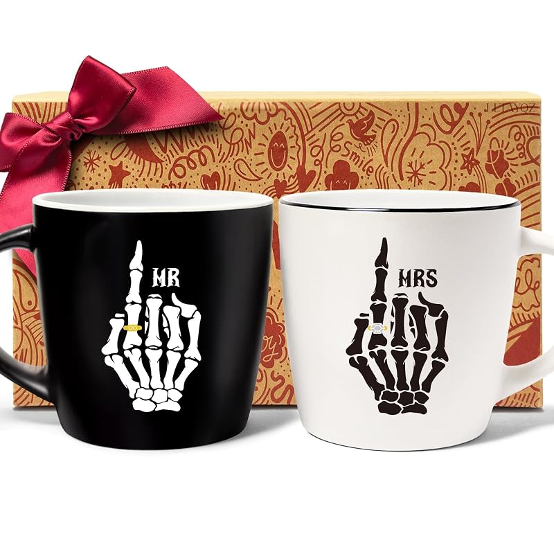 Mr & Mrs Skeleton Hand Coffee Mugs Set of 2 – 11oz Couples Wedding Gift