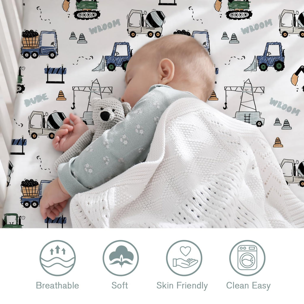 Little Grape Land Crib Sheets 4 Pack for Boys and Girls, Baby Neutral Crib Fitted Sheets for Standard Crib & Toddler Mattress, Super Soft Breathable Fitted Crib Sheet Set (Truck & Alligator)