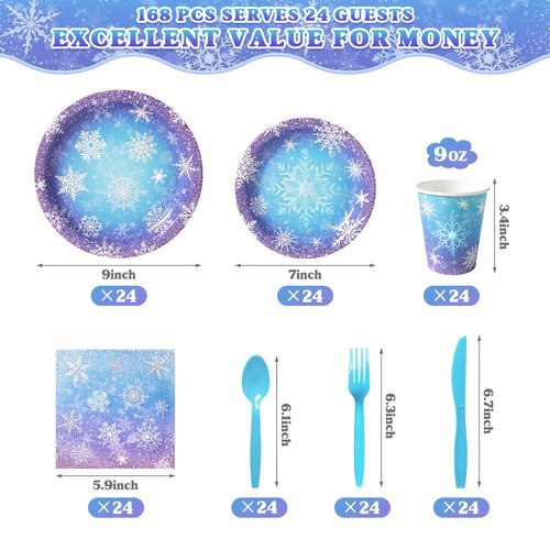 Frozen Birthday Party Decorations - Serve 24, Snowflake Party Supplies, Winter Wonderland Disposable Tableware Include Plates, Napkins, Cups, Forks, Knives, Spoons for Christmas