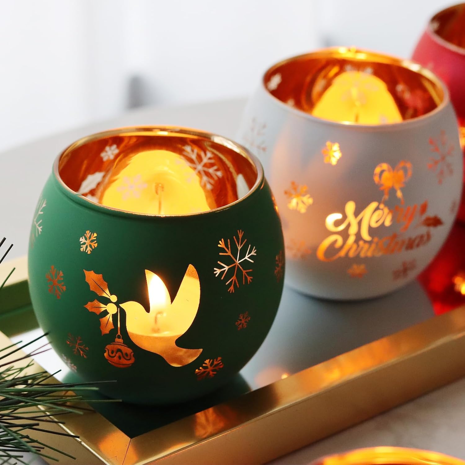 Skiennix Christmas Votive Candle Holder Set - 6 Red, Green & White Glass Tealight Holders with Laser Engraved Patterns for Festive Table Decor