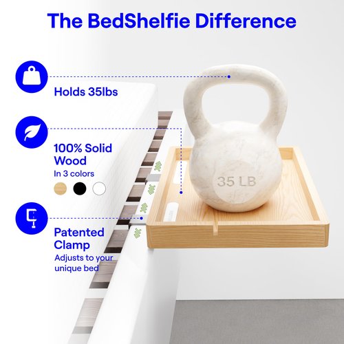 BedShelfie Wood Bedside Shelf for Bunk Bed & Top Bunk, College Dorm Room Essentials, Loft Nightstand, Floating Bed Side Table Tray Storage, Dorm Room Decor by Smallish - (Flexfit Bamboo, Natural)