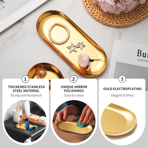 3 Pack Gold Trays for Decor, Stainless Steel Decorative Tray, Small Vanity Tray for Bathroom, Elegant Jewelry Tray for Holding Perfume, Keys, Wallet, Business Cards, Candle, Oval