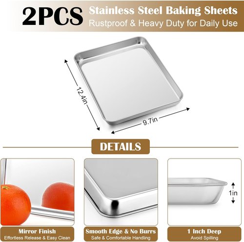 E-far Baking Sheet Set - Stainless Steel Cookie Sheets with Cooling Racks | Non-Toxic & Heavy Duty, 12.4 x 9.7 x 1 Inch