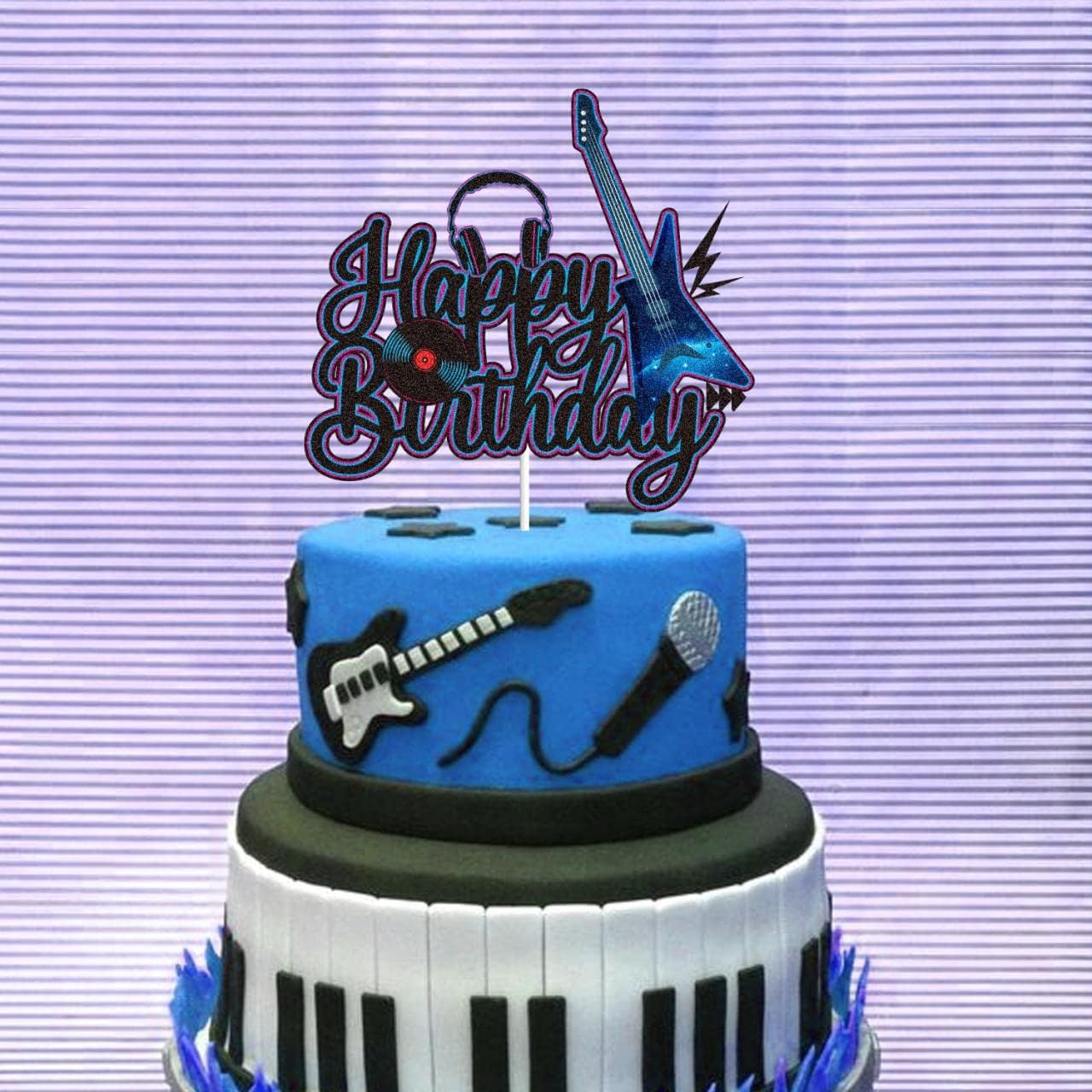 Skiennix Electric Guitar Birthday Cake Topper - Black & Purple Glitter Rock Music Theme Decor