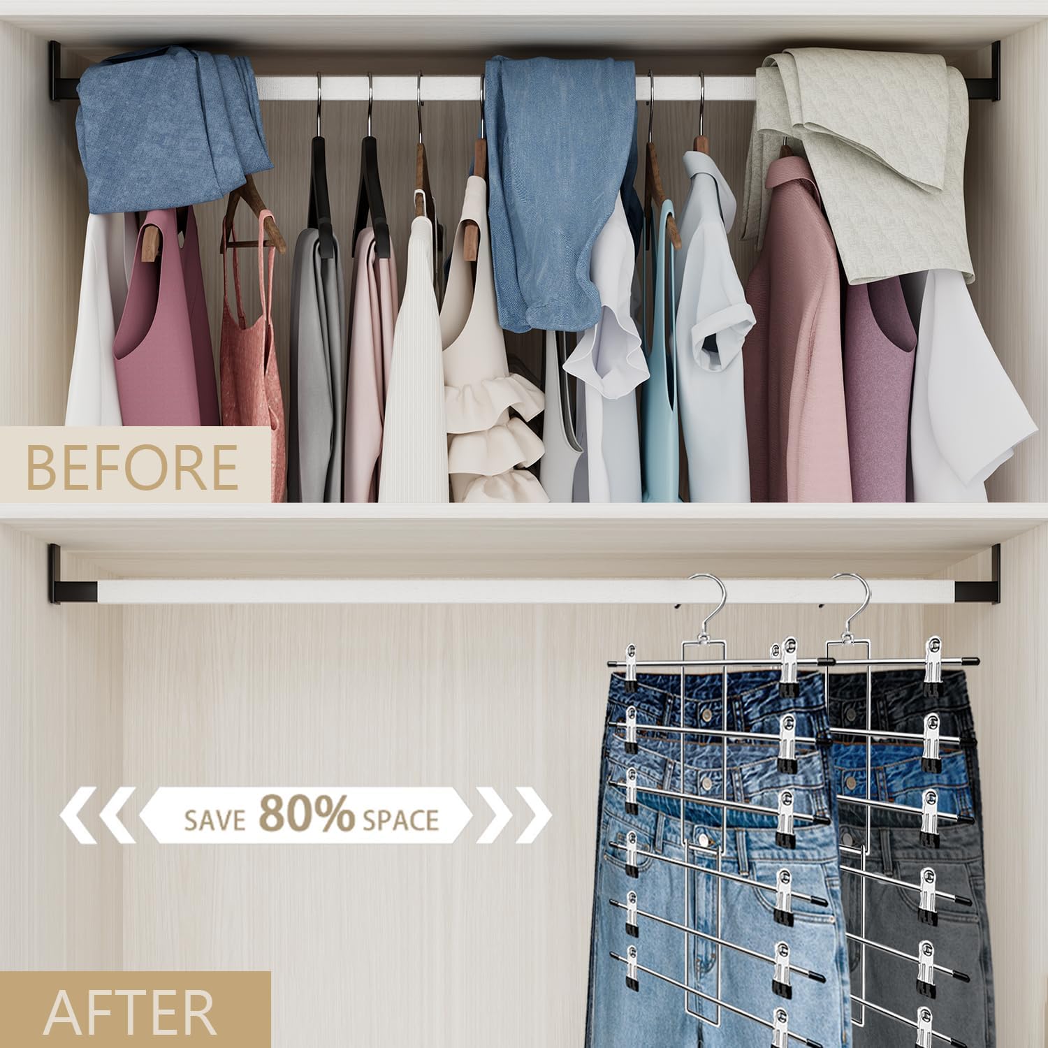 Skiennix Pants Hangers - Space-Saving 6-Tier Closet Organizer with 360° Swivel Hook