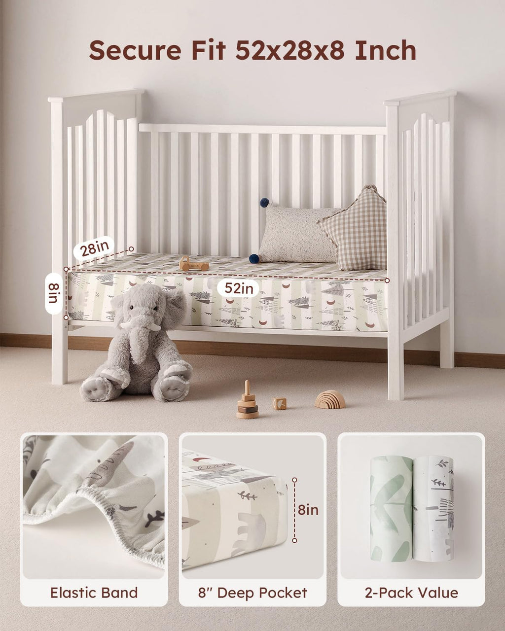 Yoofoss Baby Crib Sheets - Ultra Soft Microfiber 2-Pack for Standard Crib & Toddler Mattress | 52x28 Inches, Neutral Forest Bear Design