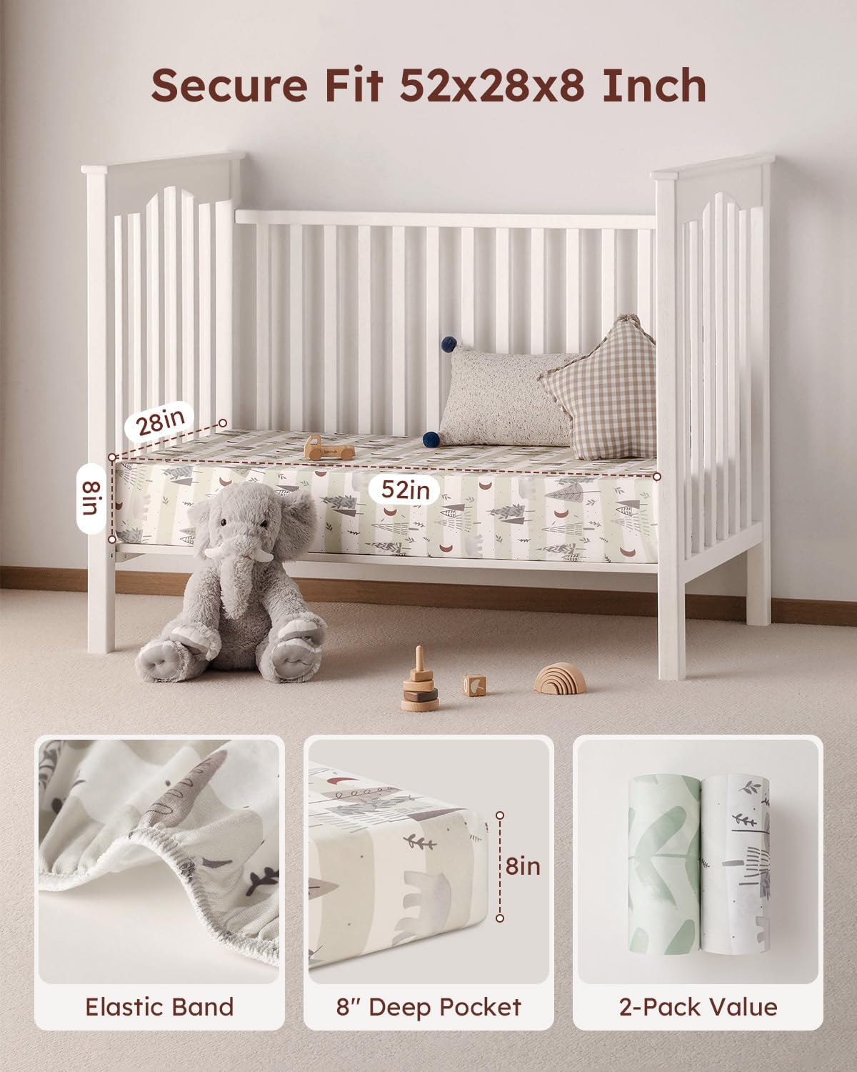 Yoofoss Baby Crib Sheets - Ultra Soft Microfiber 2-Pack for Standard Crib & Toddler Mattress | 52x28 Inches, Neutral Forest Bear Design