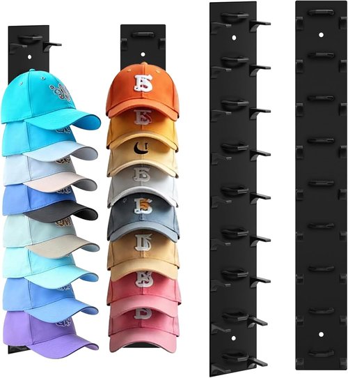 Hat Organizer - Skiennix 2-Pack Wall Rack for Up to 18 Baseball Caps | Strong Adhesive Hooks, Black