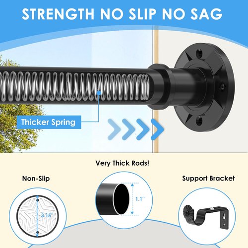 Tension Curtain Rod Extra Long Outdoor Curtain Rod Black Shower Curtain Rods No Drilling 31-168 In（2.58-14Ft）Adjustable Spring Tension Rods Heavy Duty for Bathroom Patio Window Rust Proof