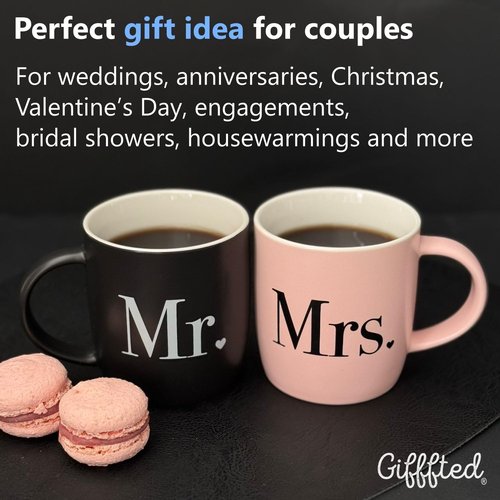Triple Gifffted Mr and Mrs Coffee Mugs Couples Gifts Ideas for Wedding Anniversary Engagement Valentines Christmas His Hers Present Husband Wife Him Her Men Women, Bride Groom Newlyweds, Ceramic 13Oz