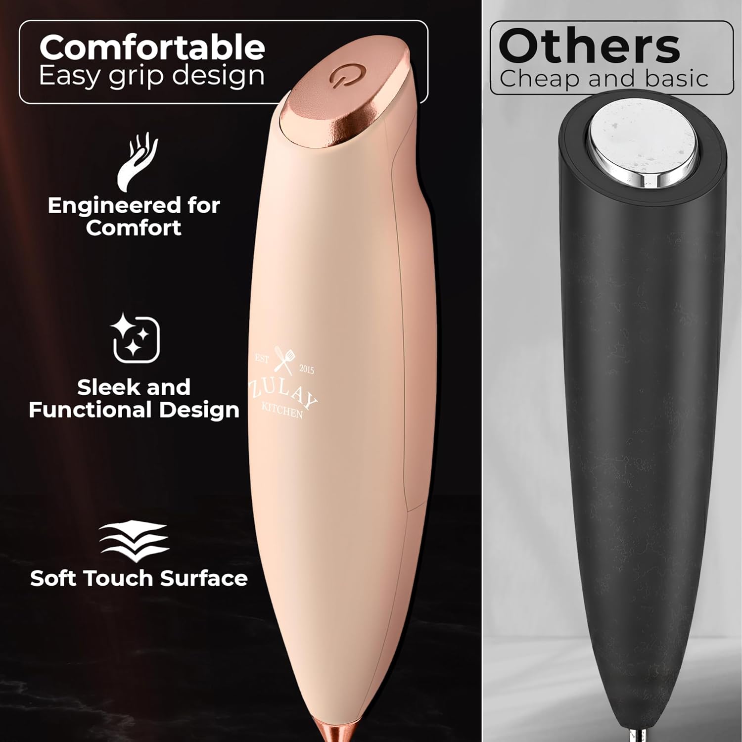 Zulay Kitchen Tornado Triple Whisk Milk Frother - Handheld Foam Maker for Coffee & Lattes - Rose Peach