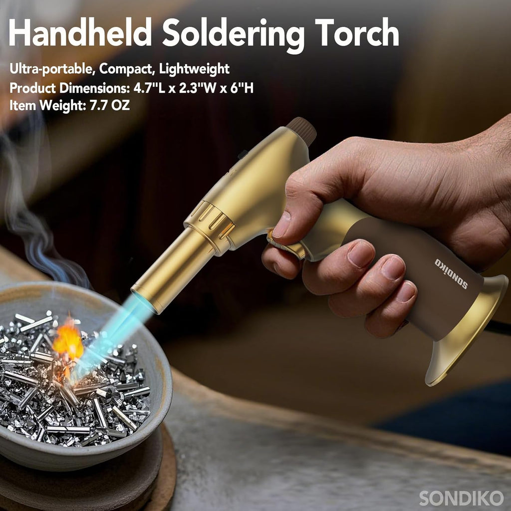 Sondiko Butane Torch Lighter - Dual Style, Adjustable Flame Size, Refillable Blow Torch | Gold Finish