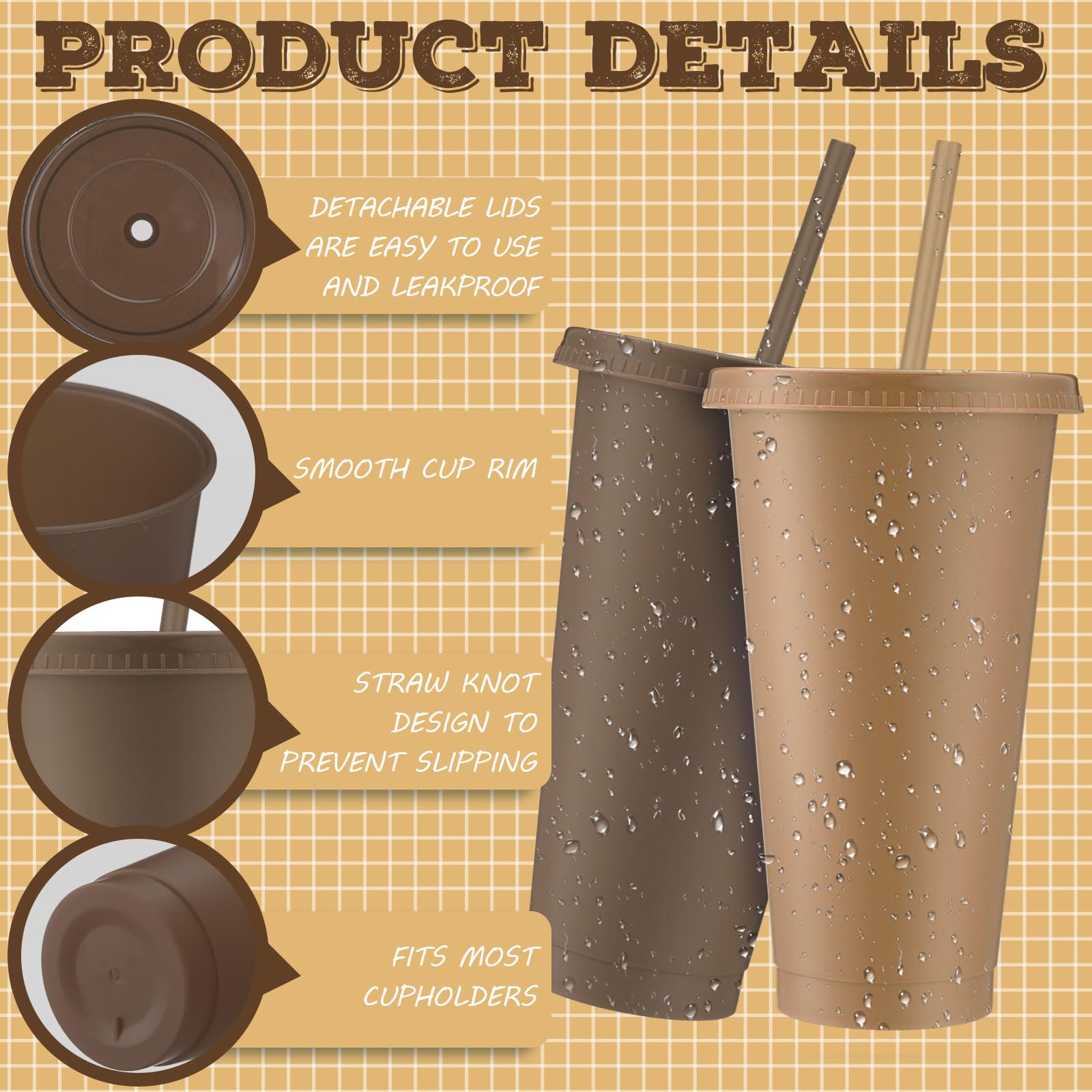 Skylety 12 Pcs Brown Plastic Cups with Lids and Straws 24 oz Reusable Tumbler Large Travel Mug Cup Coffee Beverage Drinks Party Supplies for Wedding Bridal Baby Shower Birthday