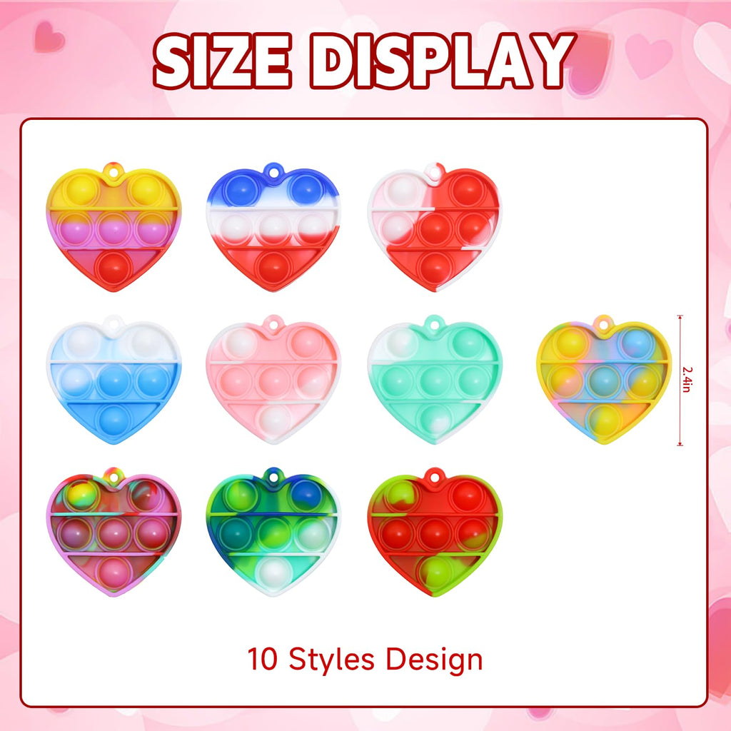 EFZXIB Valentine’s Day Heart Mini Pop Keychains 50 Pack –10 Colors with 5 Each Mini Heart-Shaped Bubble Fidget Keychain Stress Relief Sensory Toy Party Favors for Kids, Classroom Gifts