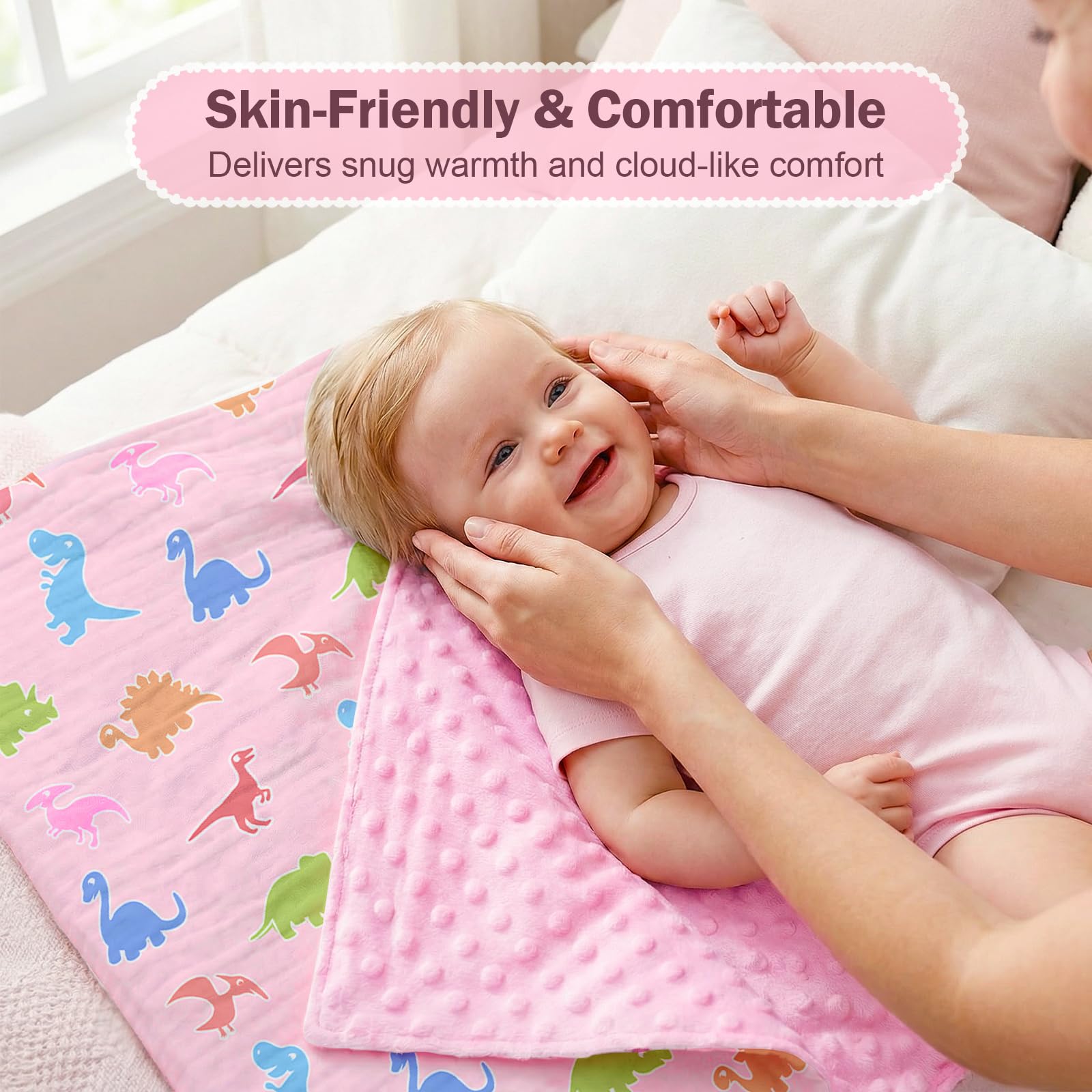 Pink Bow Baby Blankets for Girls, Soft Pink Bow Nursery Minky Blanket with Muslin Front and Dotted Fleece Back for Newborn Warm Pink Cute Blankets for Infant Toddlers 30 x 40in