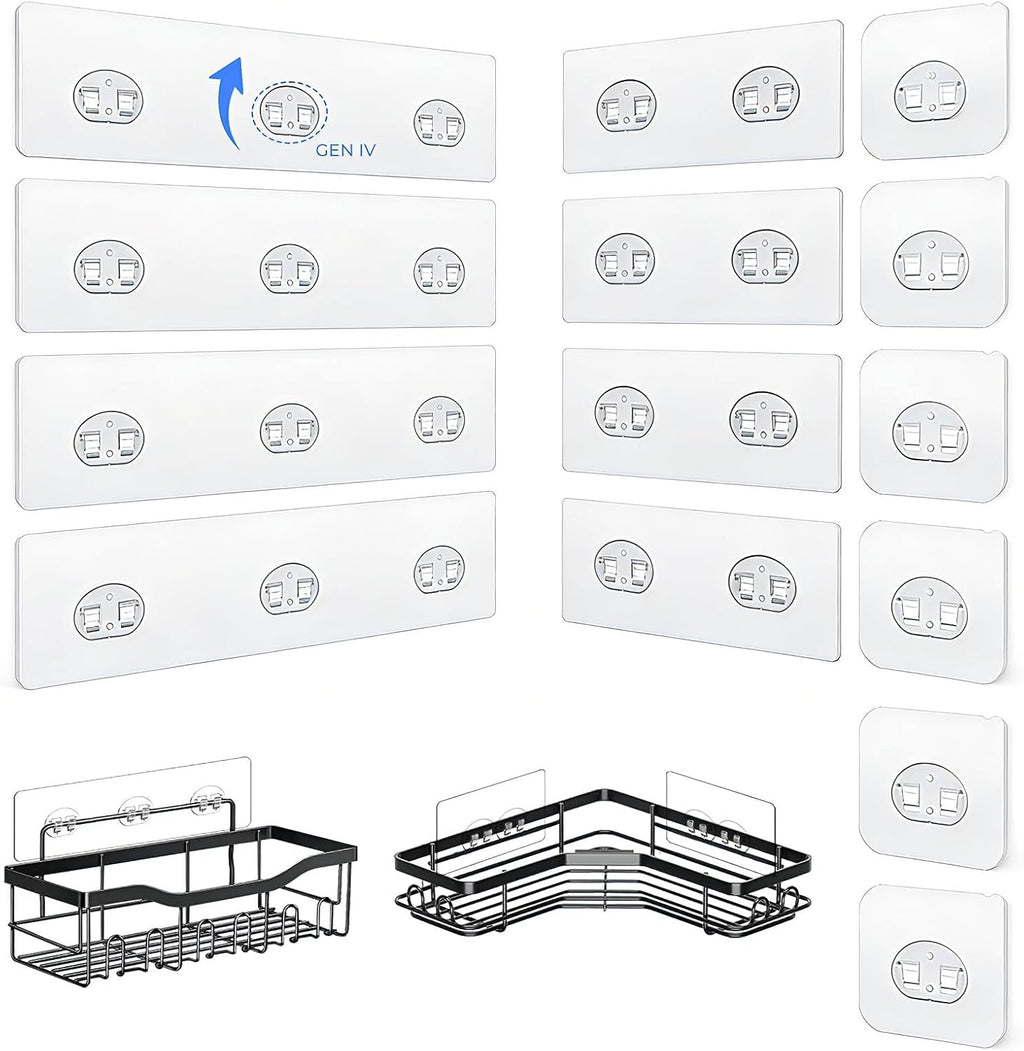 Skiennix Shower Caddy Adhesive Hooks - Strong Waterproof Strips for No-Drill Bathroom & Kitchen | 14 Pack, Transparent