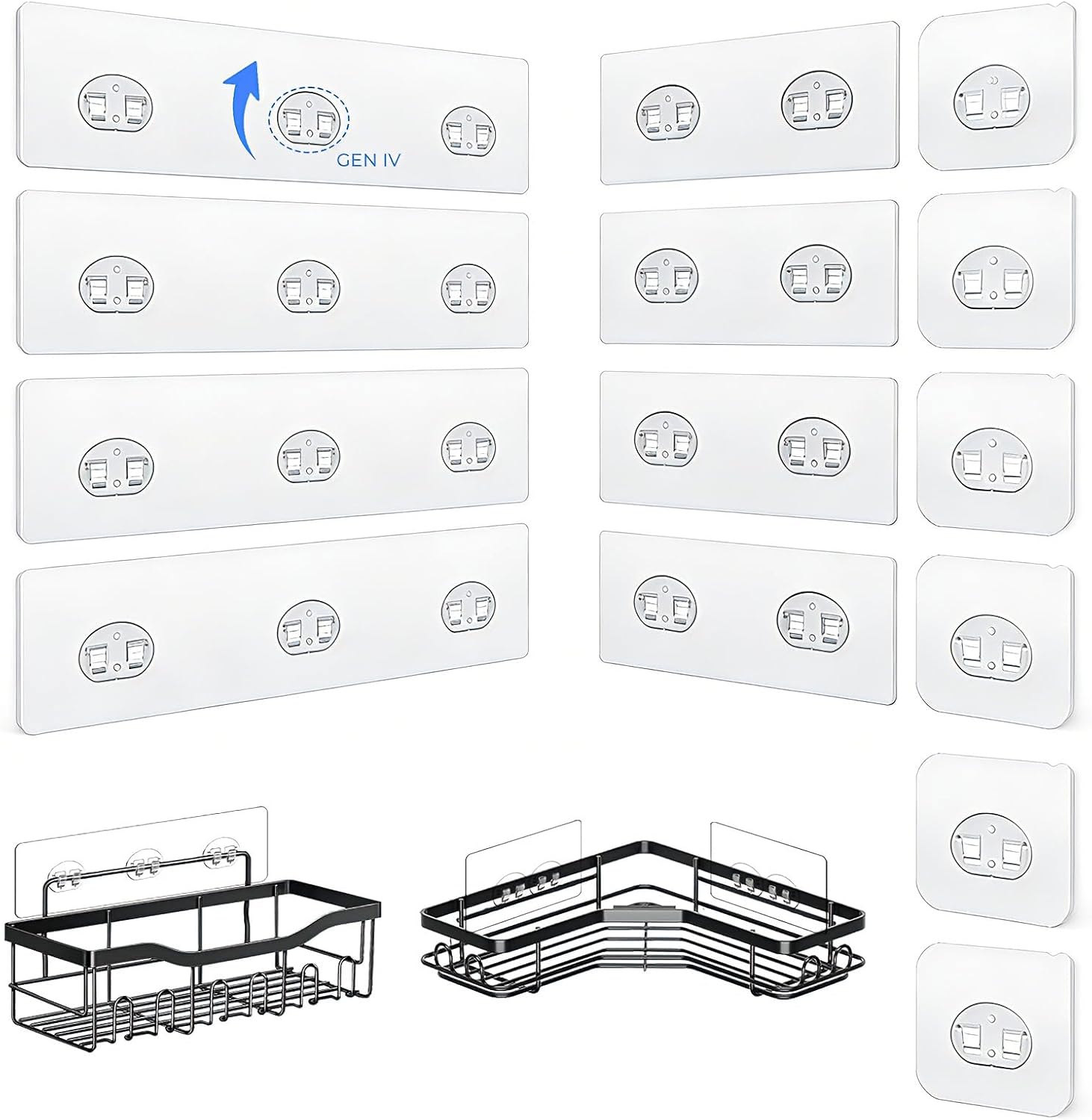 Skiennix Shower Caddy Adhesive Hooks - Strong Waterproof Strips for No-Drill Bathroom & Kitchen | 14 Pack, Transparent