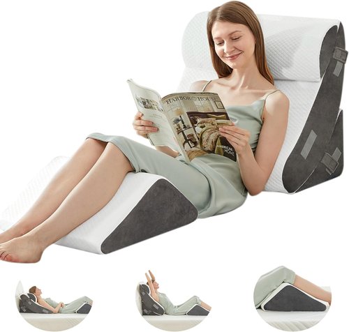 BDEUS Bed Wedge Pillow Set - 4PCS Orthopedic Memory Foam for Back, Neck & Leg Pain Relief | White
