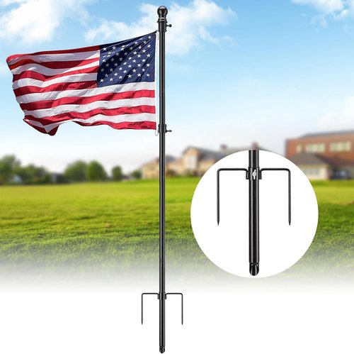 Heavy Duty Ground Flag Pole Kit - 8.5FT Tangle-Free Inground Flagpole with Windproof Prong | Black