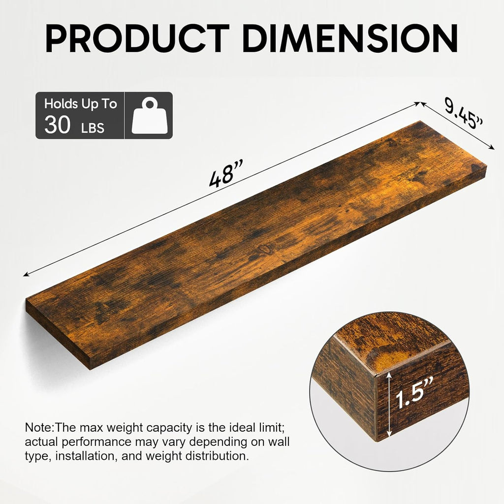 BAYKA Floating Shelves - 48-Inch Rustic Wood Wall-Mounted Shelves for Home Decor | Set of 2, Rustic Brown