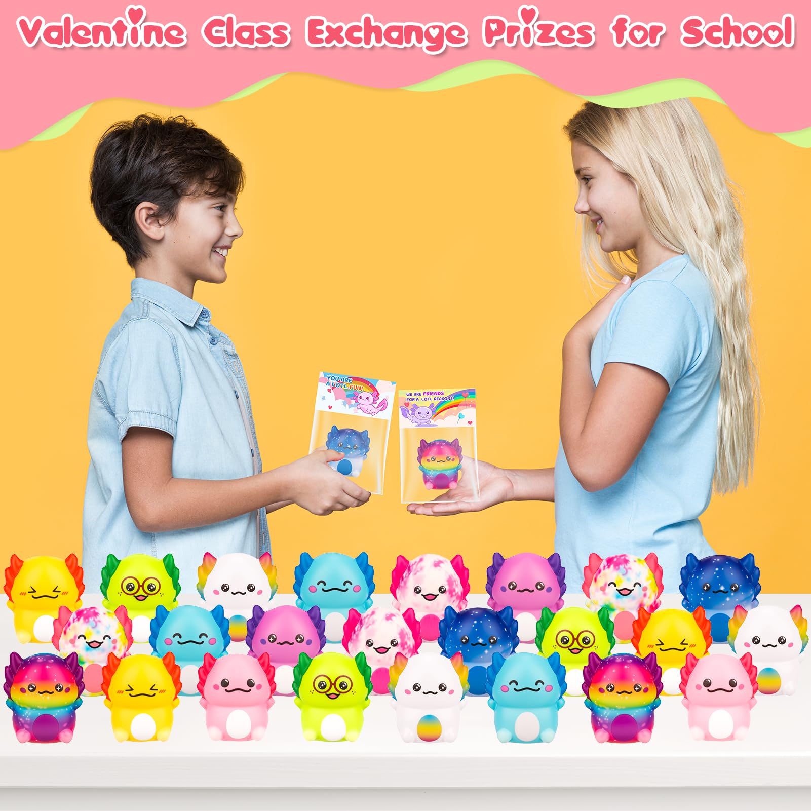 PAKSPAK Valentines Day Gifts for Kids, 24PCS Valentine's Day Cards for Kids Classroom with Axolotl Squishy Toys, Valentine Stress Relief Toys for Kid School Classroom Exchange Gift Party Prize