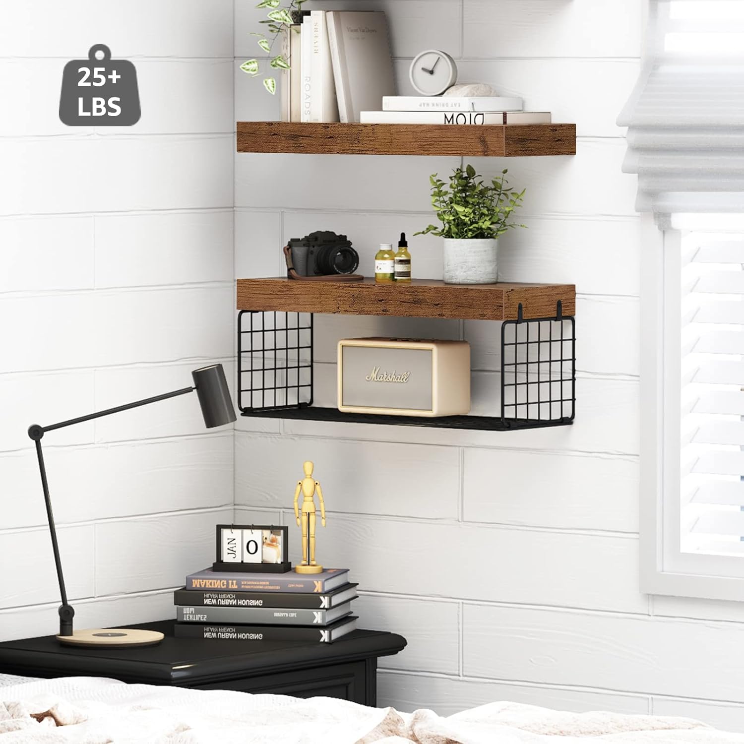 QEEIG Bathroom Shelves | Over Toilet Wall-Mounted Floating Shelves - Rustic Brown, 16 Inch Set of 2