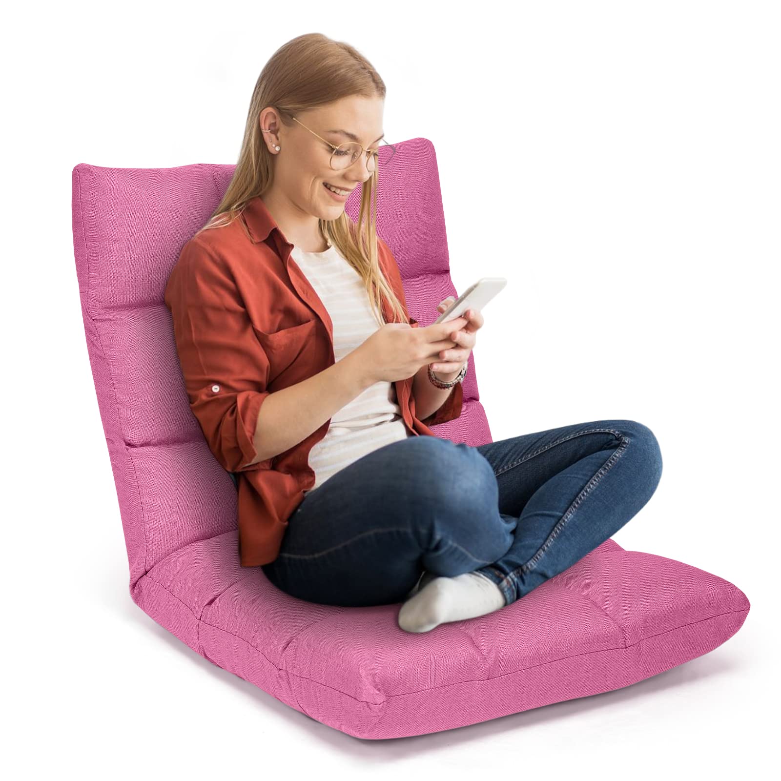 COSTWAY Floor Chair, Folding Gaming Chair with Back Support, 14 Adjustable Positions, Alloy Steel Frame, Lazy Sofa Lounge for Playing Reading Meditating Room Recliner for Adults, Kids (Pink)