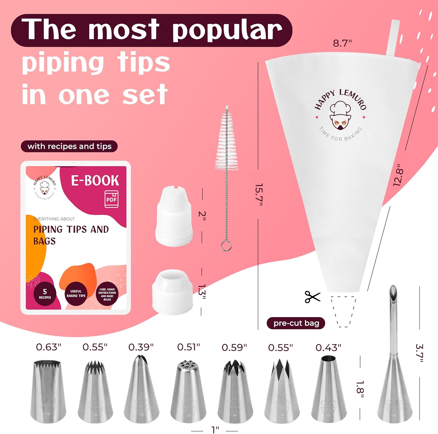 Skiennix Premium Reusable Piping Bags Set - 16" Cotton Pastry Bag with 8 Large Icing Tips - Dishwasher Safe