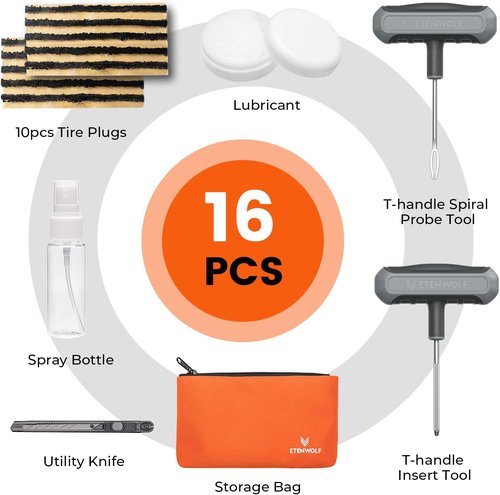 ETENWOLF Heavy Duty Tire Repair Kit - 16 Pcs Plug Set for Car, Motorcycle, ATV, Truck | Grey