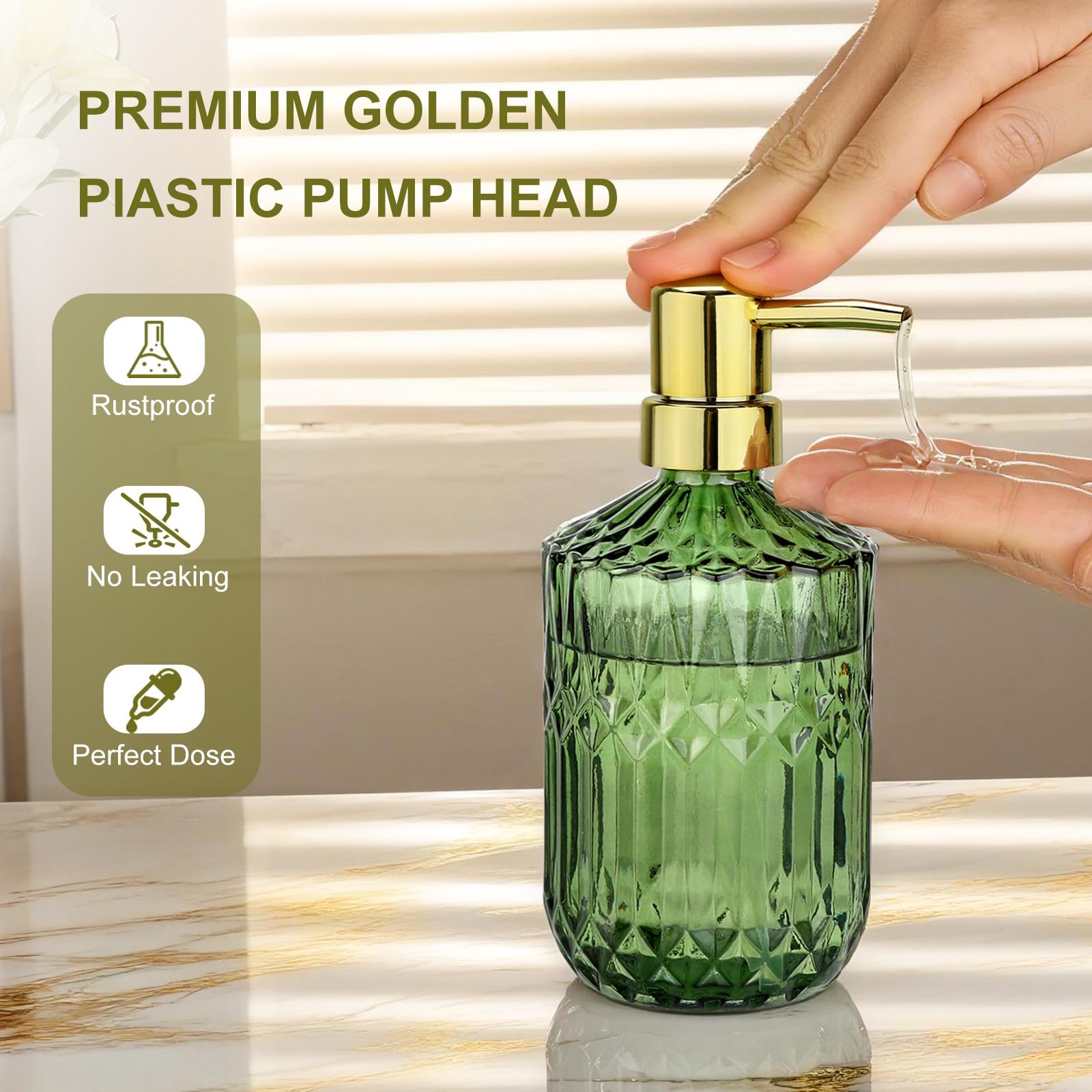 Ritrsvey Green Glass Soap Dispenser (15.4 Oz, 2 Pack), Kitchen Hand and Dish Soap Dispenser Set with Golden Rust Proof Pump, Vintage Bathroom Hand Soap Lotion Dispensers