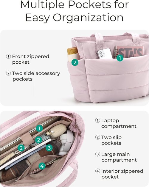 BAGSMART Lightweight Puffy Tote Bag - Stylish Shoulder Handbag with Compartments for Travel & Work | Quilted Design
