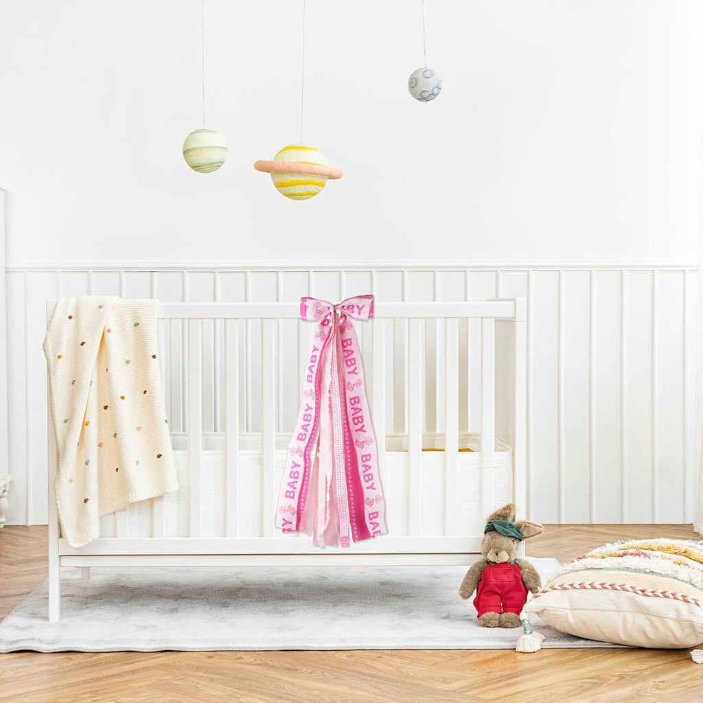 Regine Switzerland Baby Girl Welcome Home Wreath - 27.5" Large Pink Bow Door Hanger for Nursery Decor
