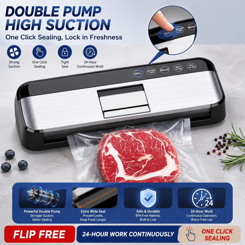 85KPa Vacuum Sealer Machine, One-Touch Automatic Food Sealer with 15 Bags, Dry/Moist/Seal/Manual/External Vac, 7MM Heating wire, Compact Easy-Clean for Food Storage and Sous Vide
