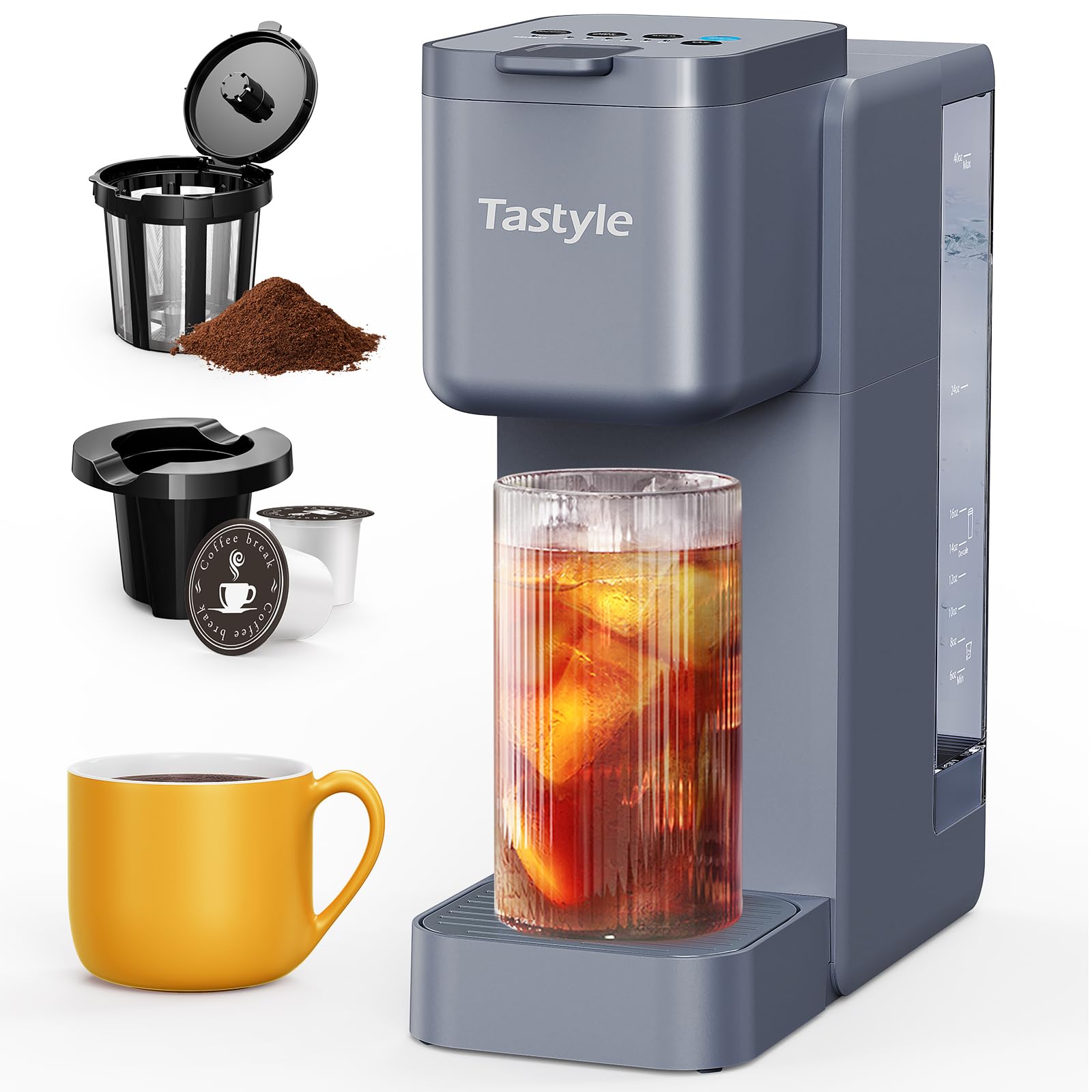 Tastyle Single Serve Hot & Iced Coffee Maker with Strong Brew, 40oz Removable Reservoir, 6 Brew Sizes, Compatible with K Cup and Grounds, Compact for Home, Office, RV and Dorm, Black (2.0 Version)