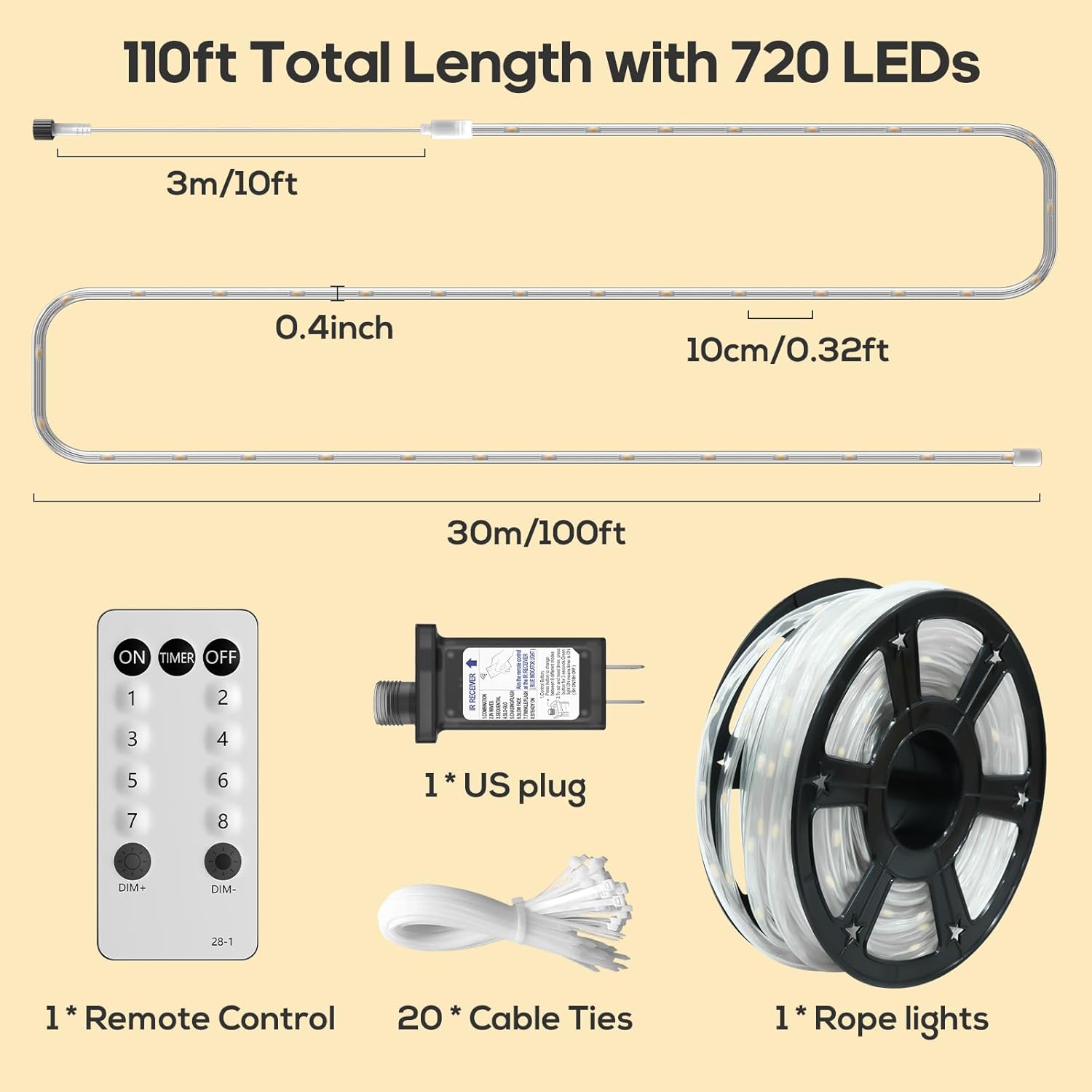 Skiennix 100FT LED Rope Lights - Waterproof Outdoor Lighting with Remote, 8 Modes & 4 Brightness Levels | Warm White for Garden & Patio Decor