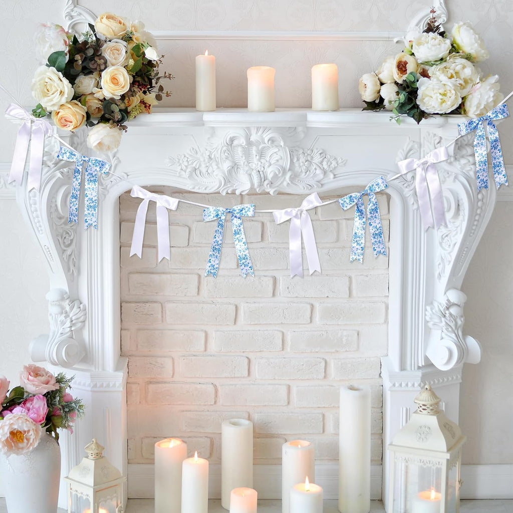 Skiennix Vintage Floral Bow Garland - 6.65 Ft Blue & White Satin Ribbon Banner for Weddings & Parties