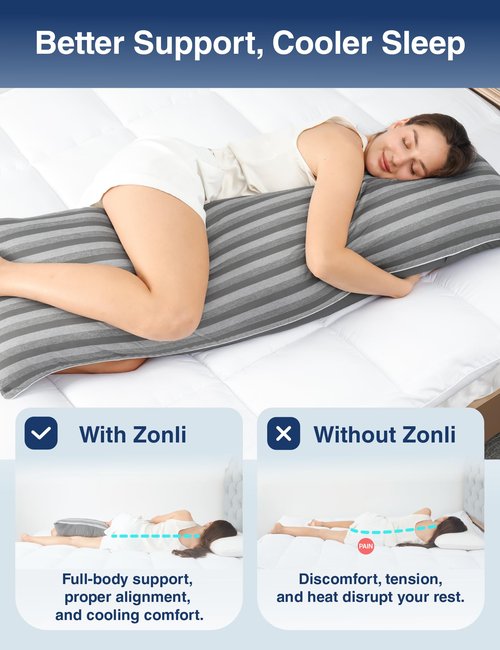 ZonLi Cooling Body Pillow for Adults, Long Pillow with Memory Foam Adjustable, Firm Support Body Pillow for Side Sleeper, Pregnant, Back Pain Relief, Washable Pillowcase, 20x54 inch, Grey