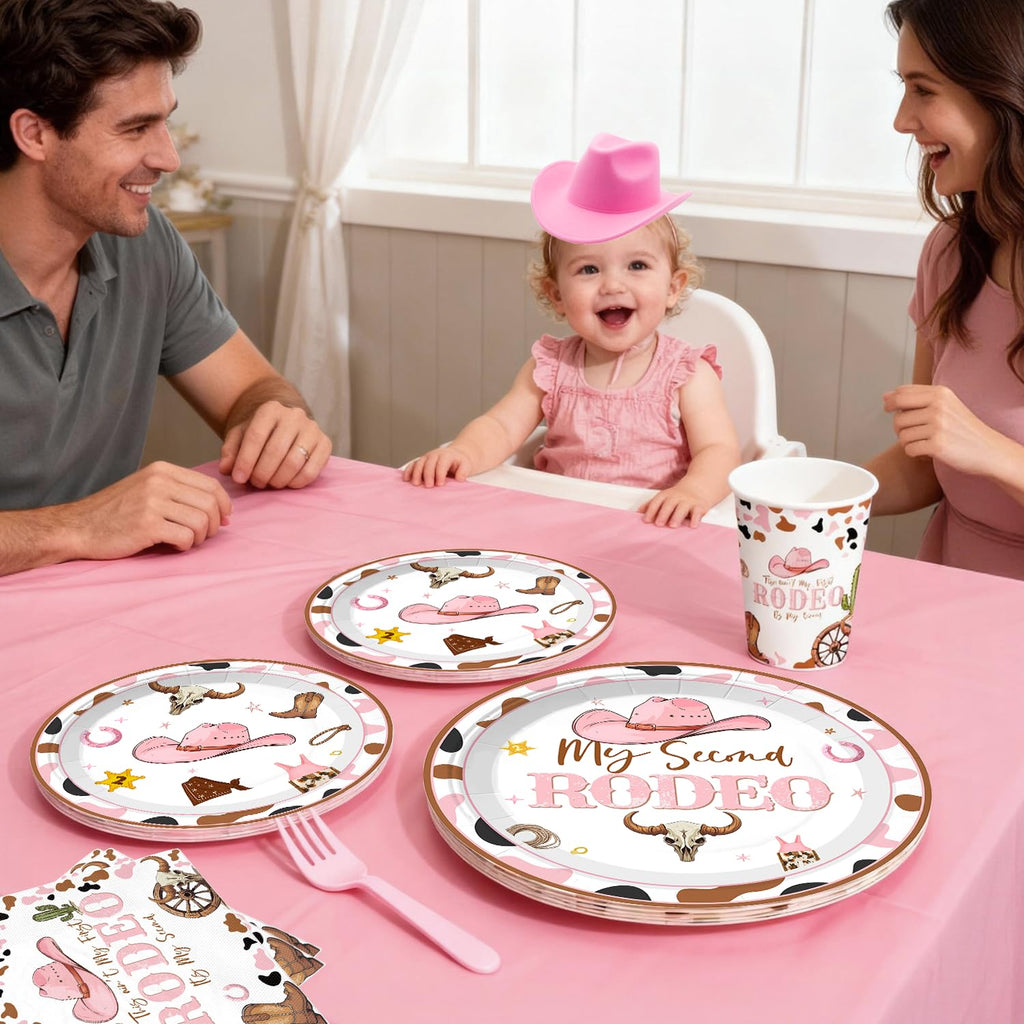 Fexivo 300pcs This Ain't My First Rodeo It's My Second Complete Party Set, for 25 Guests, Rodeo Western Cowgirl 2nd Birthday Decorations for Girl, Includes Plates Backdrop Balloon Arch Tablecloths