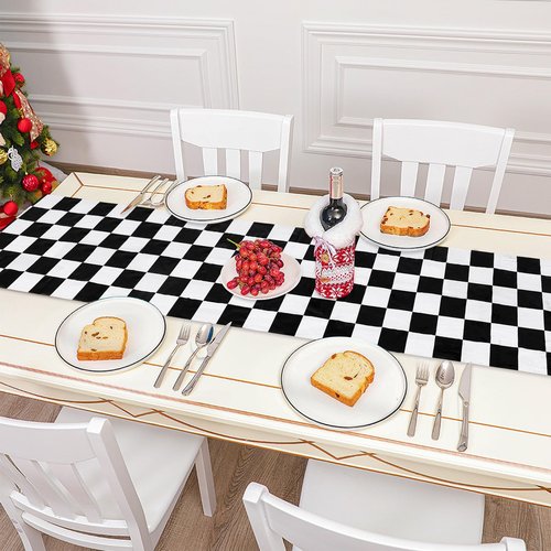 DEMIUKO 6PCS Checkered Table Runner 14 x 108Inch Disposable Plastic Black and White Checkered Table Runner Racing Flag Table Runners for Two Fast Car Theme Birthday Party Baby Shower Decor Supplies