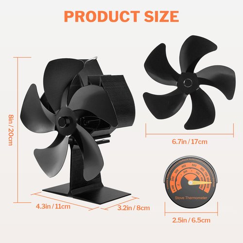 Flanagan 2 PCS Fireplace Fans, 5 Blades Stove Fan,7in Log Burner Fan Heat Powered Fireplace Fan for Wood Burning Stove/Log Burner/Fireplace(Include Magnetic Thermometer) (2 PCS -5 Blades)