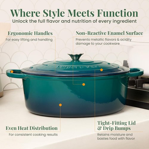 Larder & Vine Enameled Cast Iron Dutch Oven - 8 Qt Pot with Lid | Ideal for Bread Baking | Oven Safe to 500°F | Bondi Color