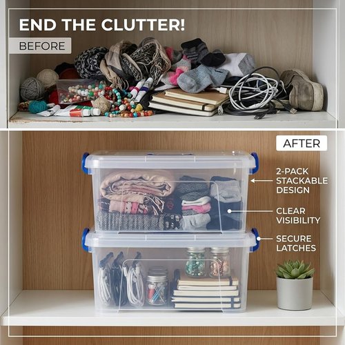 Clear Storage Bins by Sterilite - 9 Quart Stackable Plastic Boxes with Lids & Handles | 2 Pack
