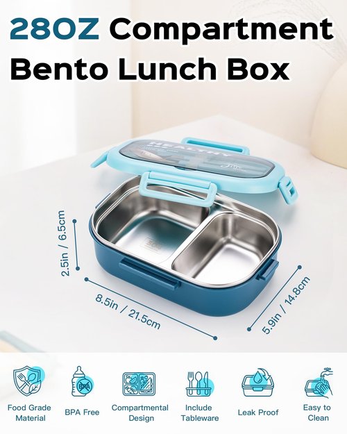 Lille Home 28oz Stainless Steel Leakproof 2-Compartment Bento Lunch Box/Portion Control Food Container with Lunch Bag and Cutlery Set, BPA Free (Light Blue)