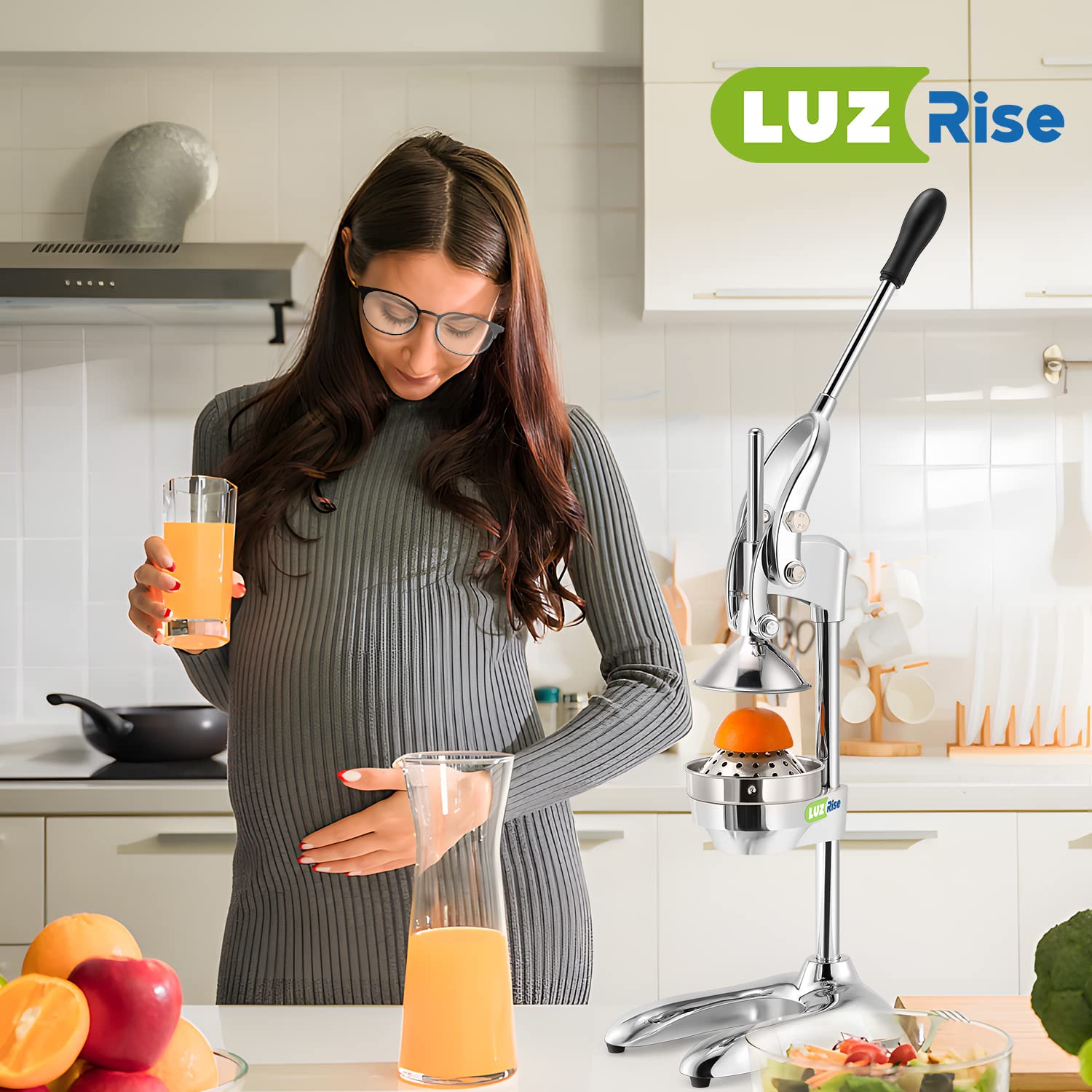 Luzrise Manual Juicer Hand Press Professional Citrus Juicer Countertop Metal Orange Lemon Pomegranate Squeezer for Commercial Home Restaurant Use( Stainless Steel Heavy Duty Extra Large 7.4*9.8*19.3")