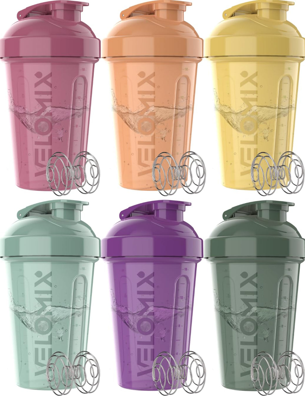VELOMIX -6 PACK- 20 oz Protein Shaker Bottle for Protein Mixes - 6x Wire Whisk | Leak Proof Shaker Cups for Protein Shakes | Stackable Protein Shaker Bottle Pack | Dishwasher Safe (Nature Tones)