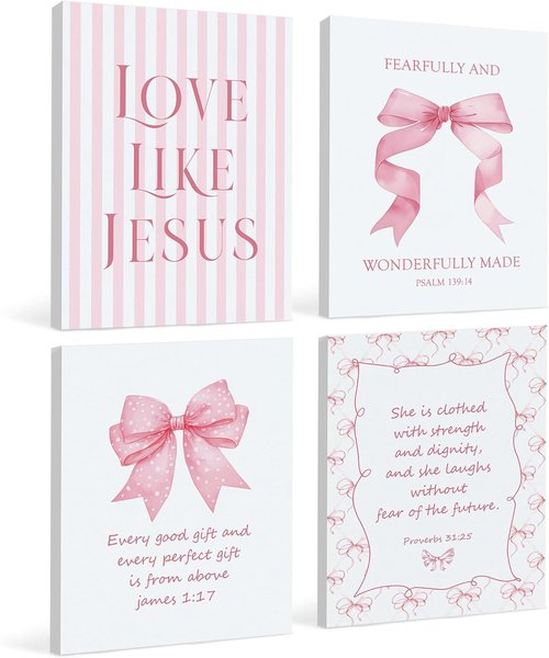 LARTSFRO Coquette Pink Bow Canvas Wall Art - Inspirational Bible Verses | 11x14 Inch Set of 4 for Teen Girls